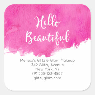 Pink Watercolor Paint Splatter Hello Beautiful Square Sticker
