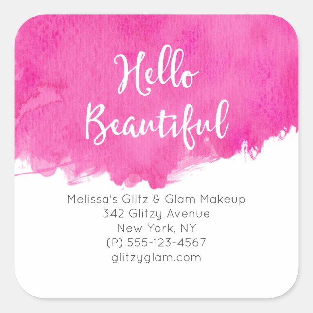 Pink Watercolor Paint Splatter Hello Beautiful Square Sticker (Front)