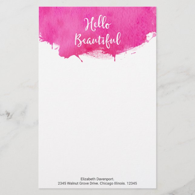 Pink Watercolor Paint Splatter Hello Beautiful Stationery (Front)