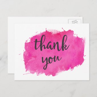 Pink Watercolor Paint Splatter Thank You Postcard | Zazzle