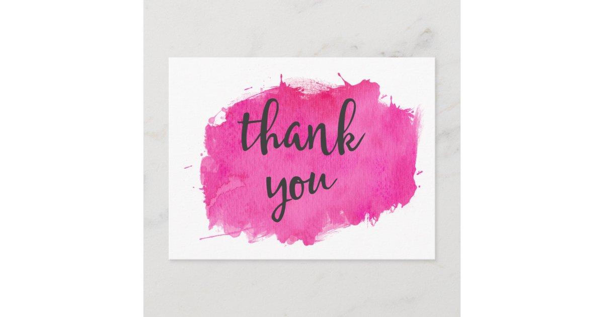 Pink Watercolor Paint Splatter Thank You Postcard | Zazzle