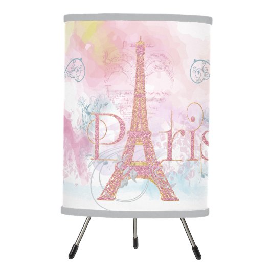 Pink Watercolor Paris Glitter Eiffel Tower Tripod Lamp (Front)