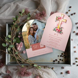 Pink Watercolor Pastel Floral Cross-Shape Wedding Invitation