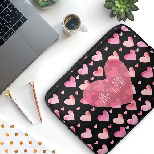 Pink Watercolor Patterned Hearts Valentines Laptop Sleeve