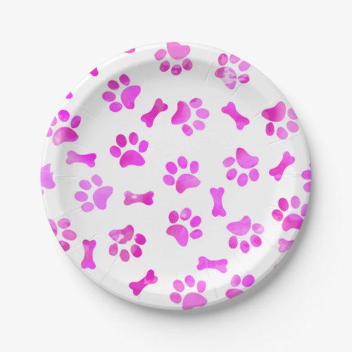 Pink Watercolor Paw Prints Birthday Paper Plates