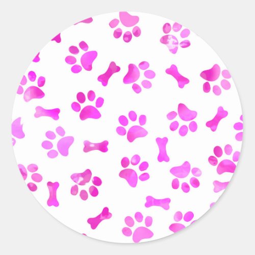 Pink Watercolor Paw Prints Classic Round Sticker