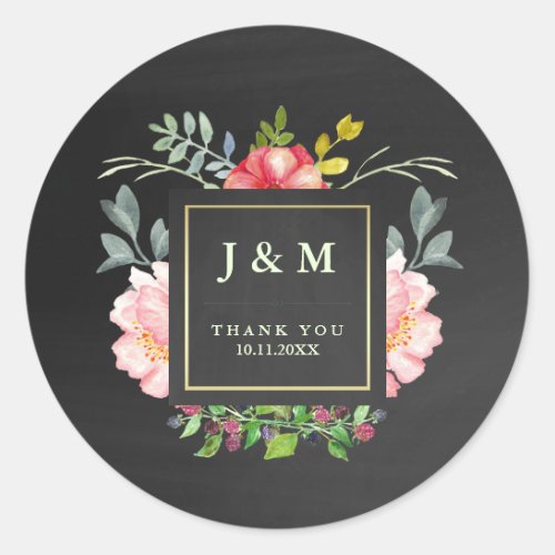 Pink Watercolor Peonies and Chalkboard for Wedding Classic Round Sticker
