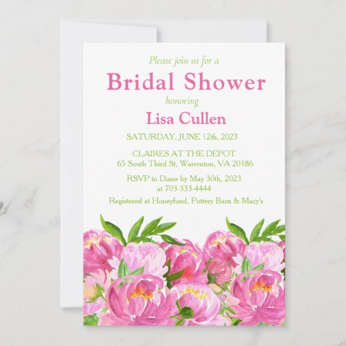 Pink Watercolor Peonies Bridal Shower Invitation