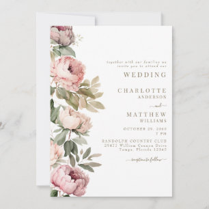 Pink Watercolor Peonies Elegant Wedding Gold Text Invitation