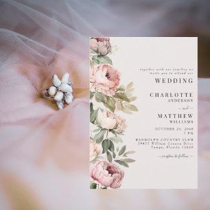 Pink Watercolor Peonies Elegant Wedding Invitation