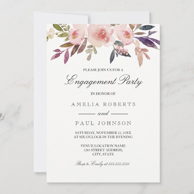 Pink Watercolor Peonies Engagement Party Invite (Front)