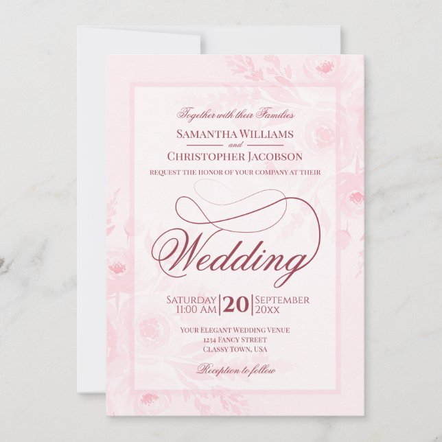 Pink Watercolor Peonies Fancy Script Wedding Invitation (Front)