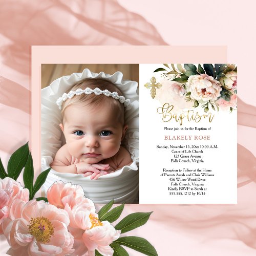 Pink Watercolor Peonies Floral Girl Photo Baptism Invitation