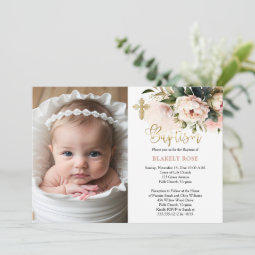 Pink Watercolor Peonies Floral Girl Photo Baptism Invitation | Zazzle