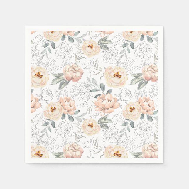 Pink Watercolor Peonies Floral Pattern Napkins (Front)