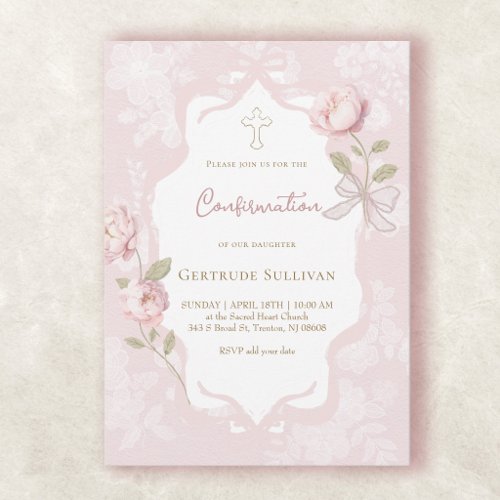 pink watercolor peonies frame Confirmation Invitation