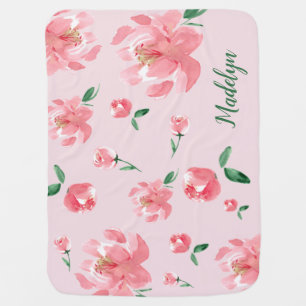 Pink Watercolor Peonies Green Script Custom Name   Baby Blanket