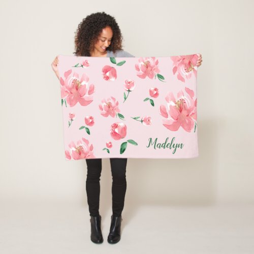 Pink Watercolor Peonies Green Script Custom Name   Fleece Blanket