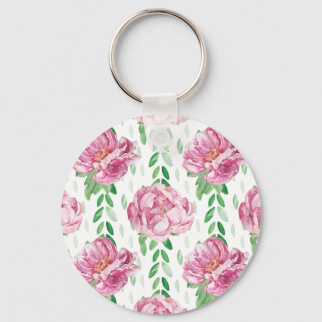 Pink  Watercolor Peonies Keychain (Front)