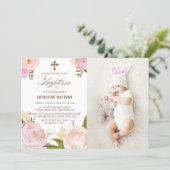 Pink Watercolor Peonies Photo Baptism Invitation (Standing Front)