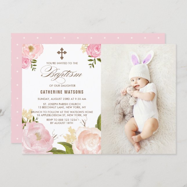 Pink Watercolor Peonies Photo Baptism Invitation (Front/Back)