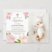 Pink Watercolor Peonies Photo Baptism Invitation (Front)
