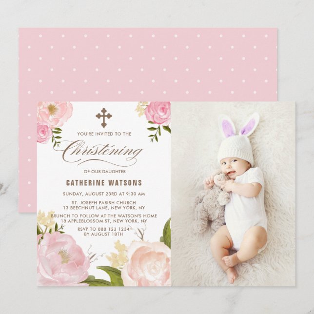 Pink Watercolor Peonies Photo Christening Invitation (Front/Back)