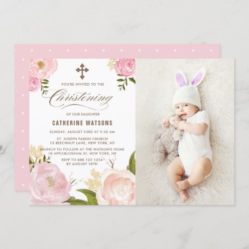 Pink Watercolor Peonies Photo Christening Invitation