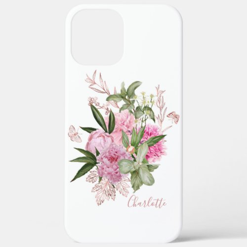 Pink Watercolor Peonies Rose Gold Butterfly Name iPhone 12 Pro Max Case