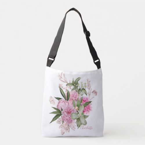 Pink Watercolor Peonies Rose Gold Butterfly Name Crossbody Bag