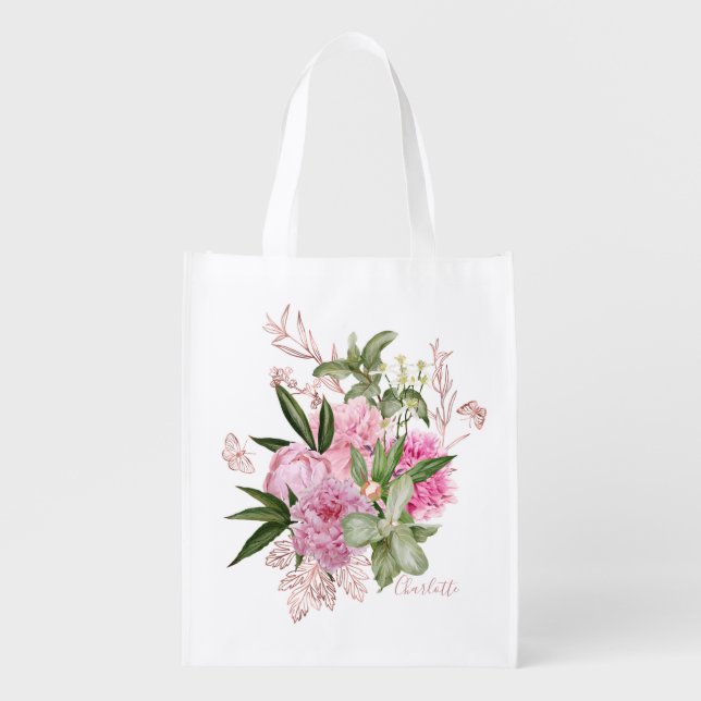 Pink Watercolor Peonies Rose Gold Butterfly Name Grocery Bag (Front)