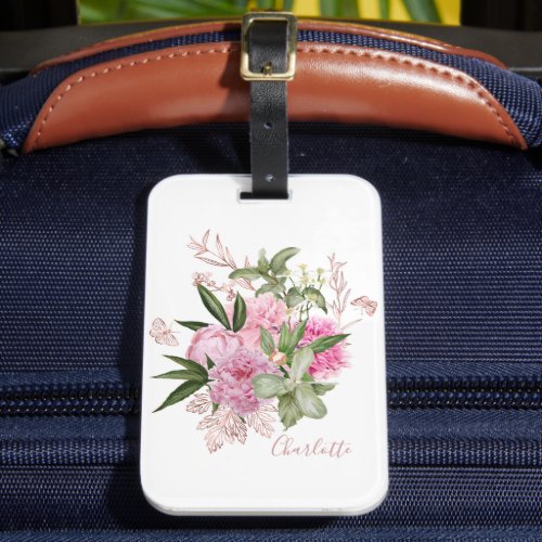 Pink Watercolor Peonies Rose Gold Butterfly Name Luggage Tag