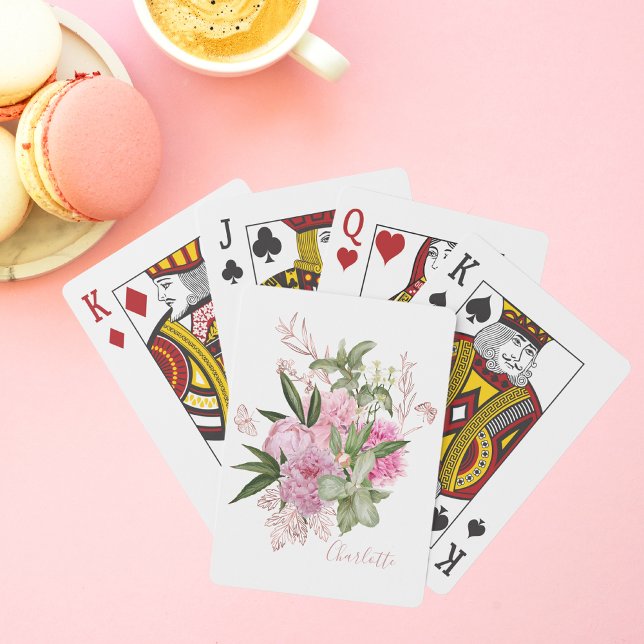 Pink Watercolor Peonies Rose Gold Butterfly Name Poker Cards (Creator Uploaded)