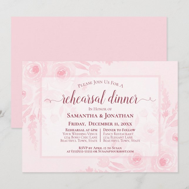 Pink Watercolor Peonies Wedding Rehearsal Dinner Invitation (Front/Back)
