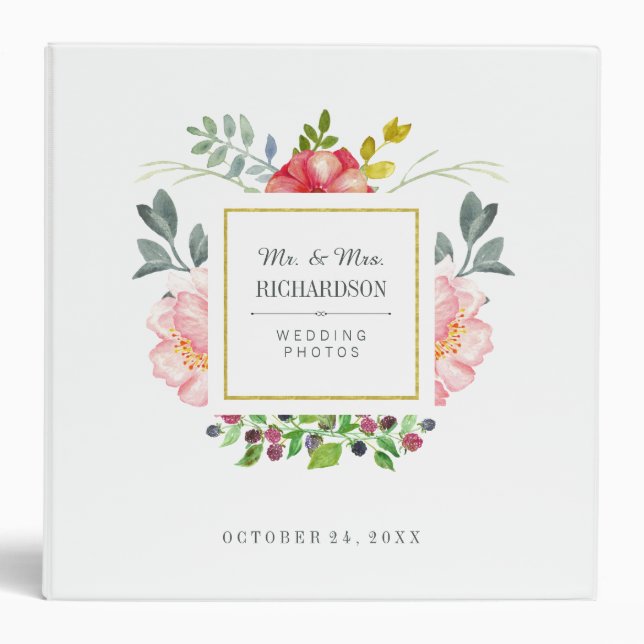 Pink Watercolor Peonies with Gold Frame | Wedding Binder (Front)