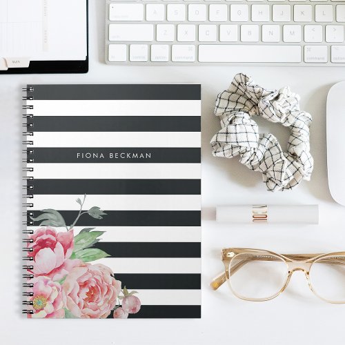 Pink Watercolor Peony  Charcoal Stripe Notebook