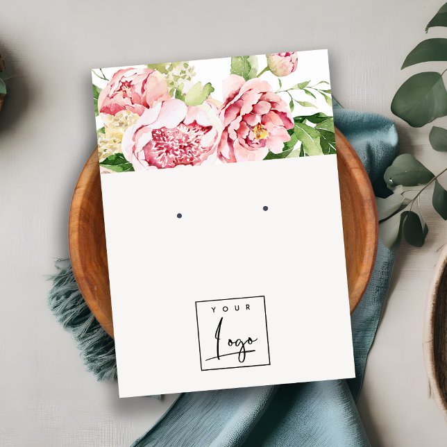 Pink Watercolor Peony Floral Logo Earring Display Business Card (Creator Uploaded)