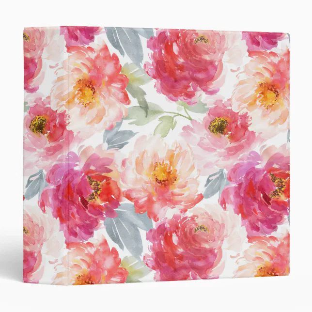 Pink Watercolor Peony Flower Pattern 3 Ring Binder | Zazzle