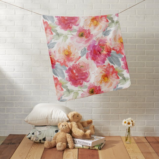 Pink Watercolor Peony Flower Pattern Baby Blanket (In Situ)