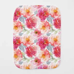 Pink Watercolor Peony Flower Pattern Baby Burp Cloth