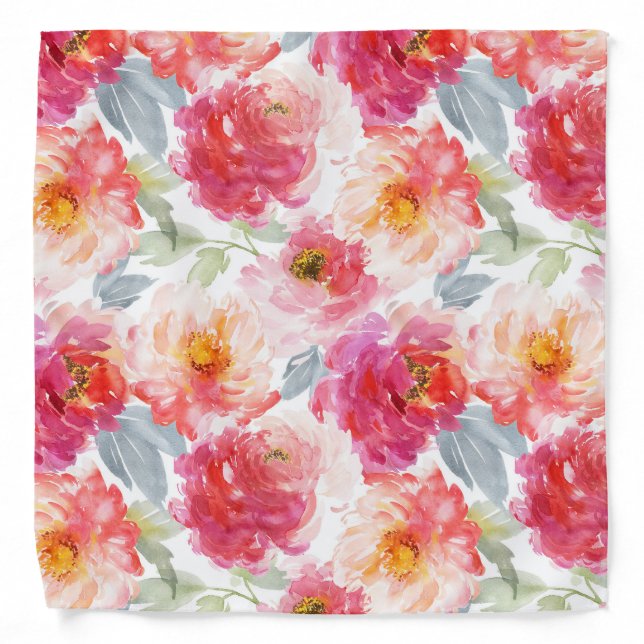 Pink Watercolor Peony Flower Pattern Bandana (Front)
