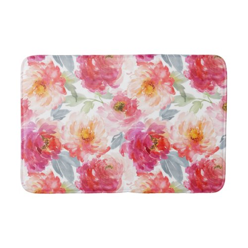 Pink Watercolor Peony Flower Pattern Bath Mat