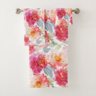 Pink Watercolor Peony Flower Pattern Bath Towel Set