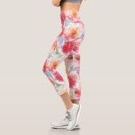Pink Watercolor Peony Flower Pattern Capri Leggings