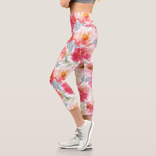 Pink Watercolor Peony Flower Pattern Capri Leggings (Left)