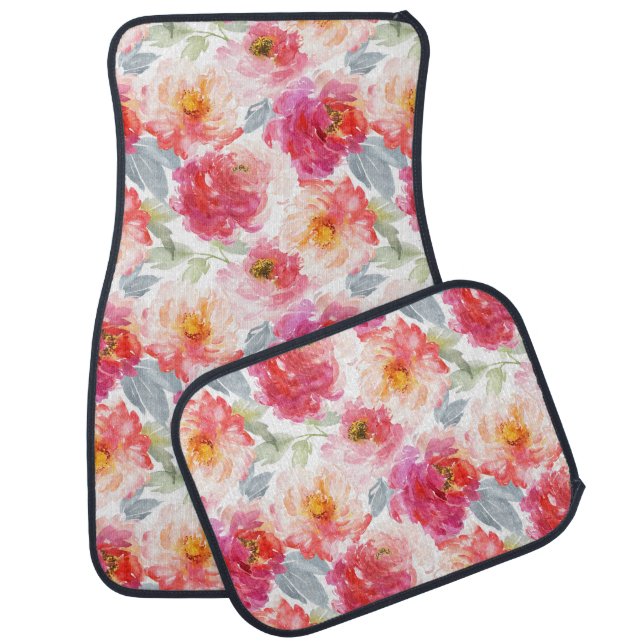 Pink Watercolor Peony Flower Pattern Car Floor Mat (Set)