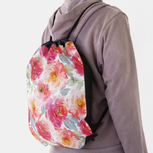 Pink Watercolor Peony Flower Pattern Drawstring Bag