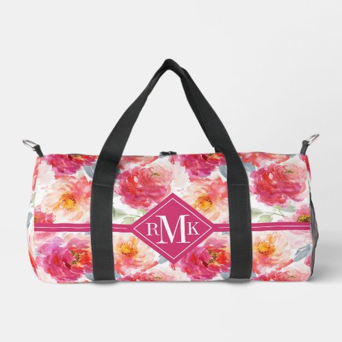 Pink Watercolor Peony Flower Pattern Duffle Bag