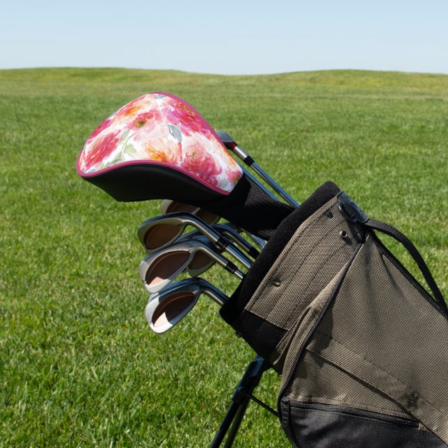 Pink Watercolor Peony Flower Pattern Golf Head Cover (In Situ)