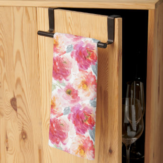 Pink Watercolor Peony Flower Pattern Kitchen Towel
